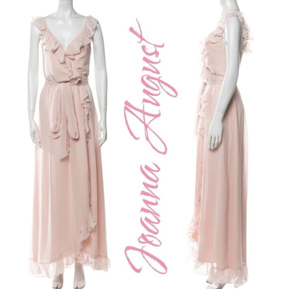 JOANNA AUGUST Lacey Blush Pink Formal V-Neck Wedding Party Ruffle Wrap Dress, XS - Picture 5 of 8
